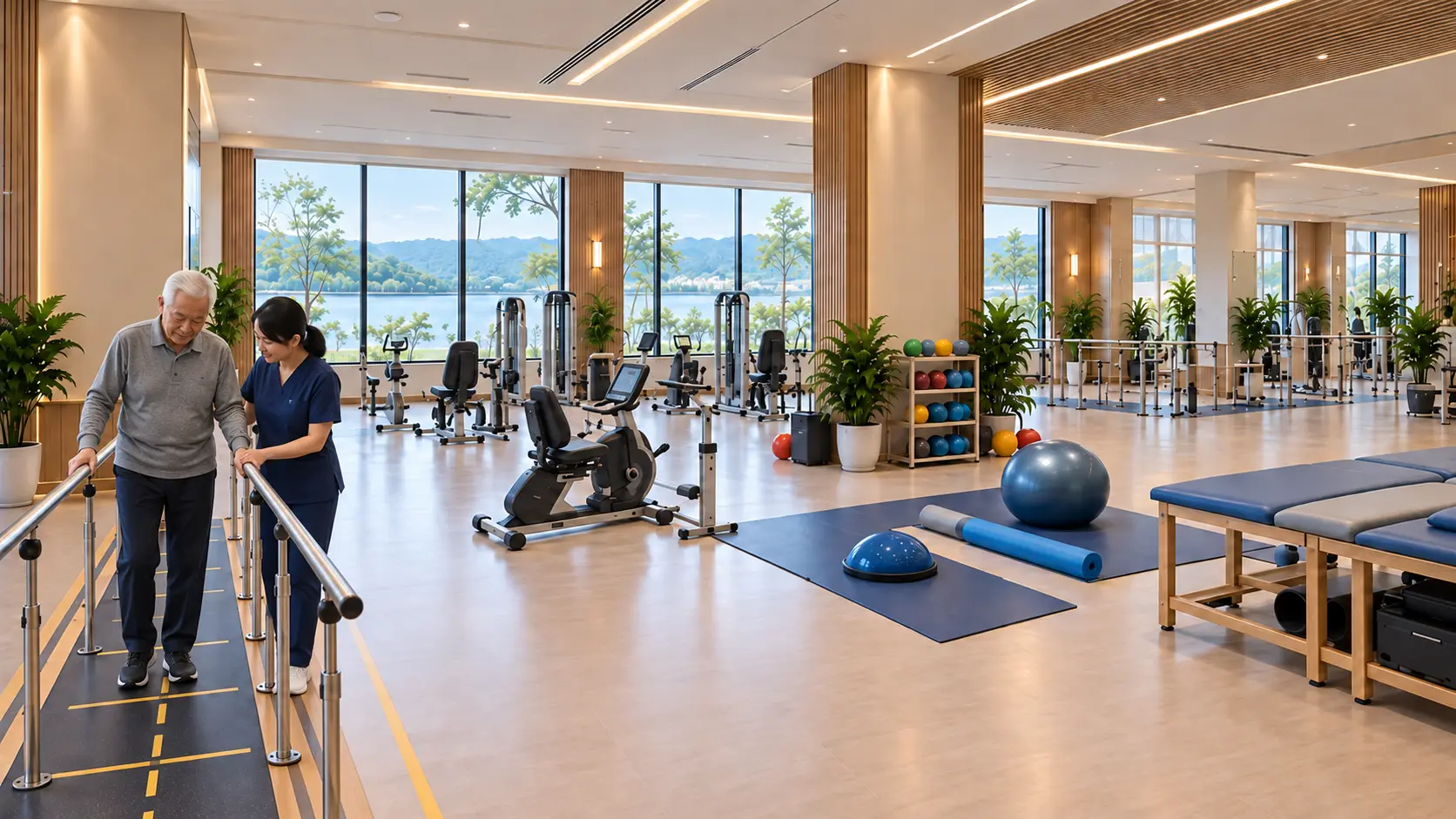 Phối cảnh khu phục hồi chức năng với người lớn tuổi tập vận động có người hỗ trợ