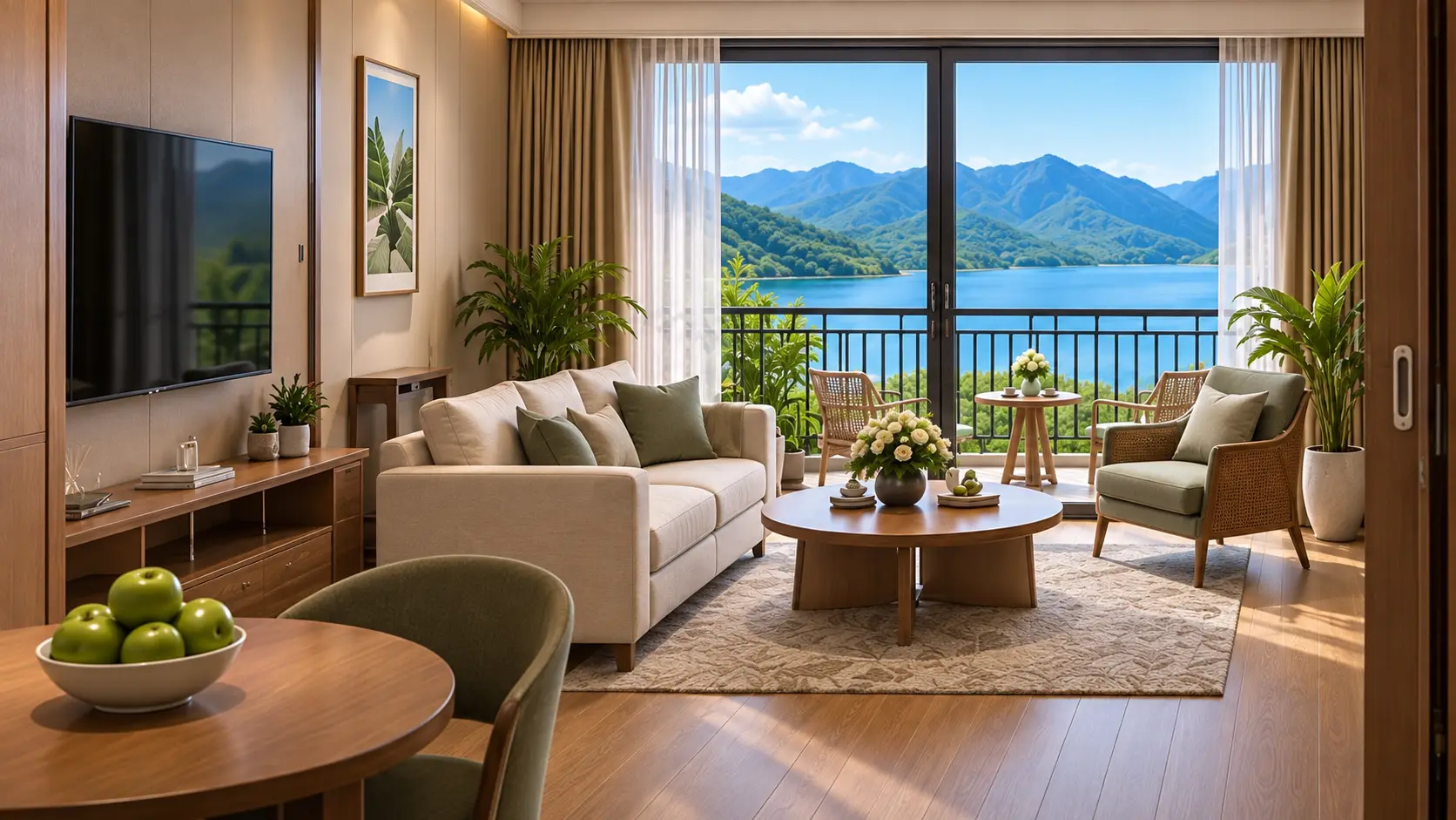 Phối cảnh phòng khách VIP Luxury với ban công và khung cảnh hồ núi
